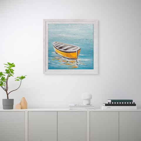 Handgeschilderd schilderij boot op zee op doek 30x30cm met lijst W605 Aanbieding