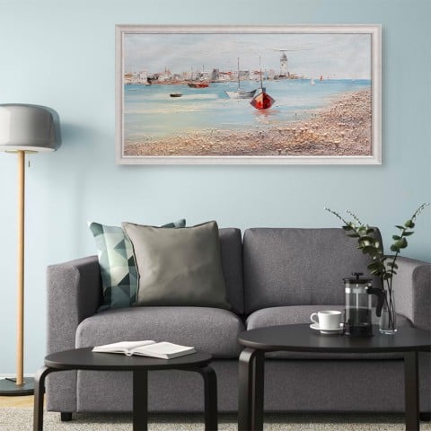 Handgeschilderd schilderij op canvas haven met boten 60x120cm B627 Aanbieding