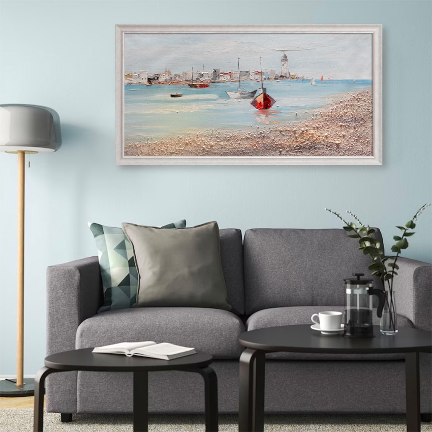 Handgeschilderd schilderij op doek haven met boten 60x120cm W627 Aanbieding