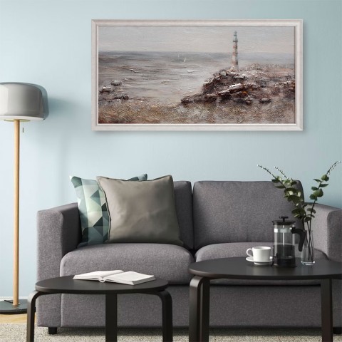 Handgeschilderd doek vuurtoren op rotsen met lijst 60x120cm W629 Aanbieding