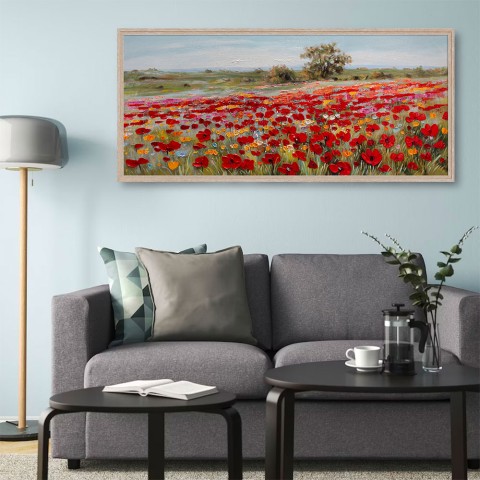 Handgeschilderd schilderij op doek met rode klaprozen veld inclusief lijst 65x150cm W634 Aanbieding