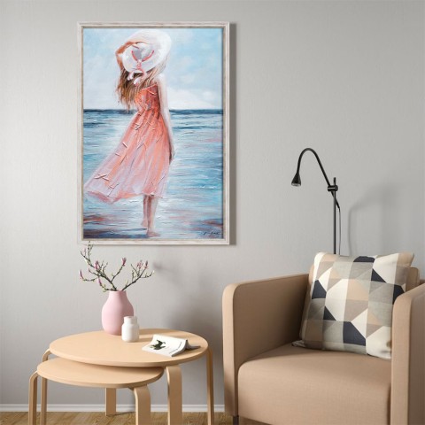 Handgeschilderde vrouw in strandreliëf op doek 60x90cm B714 Aanbieding