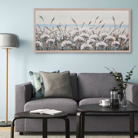 Handgeschilderd schilderij bloemenveld 65x150cm op doek met lijst W717 Aanbieding