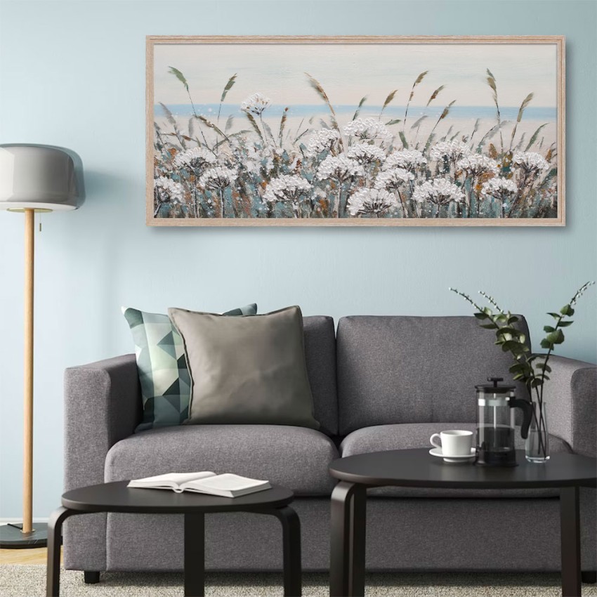 Handgeschilderd schilderij bloemenveld 65x150cm op doek met lijst W717 Aanbieding Handgeschilderd schilderij bloemenveld 65x150cm op doek met lijst W717 Aanbieding
