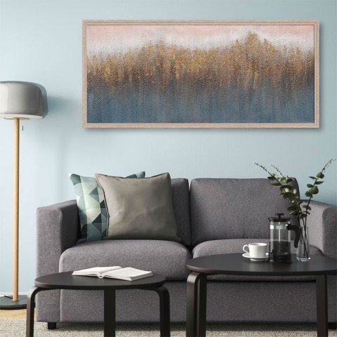 Gouden abstract handgeschilderd schilderij op doek 65x150 cm met lijst W723 Aanbieding