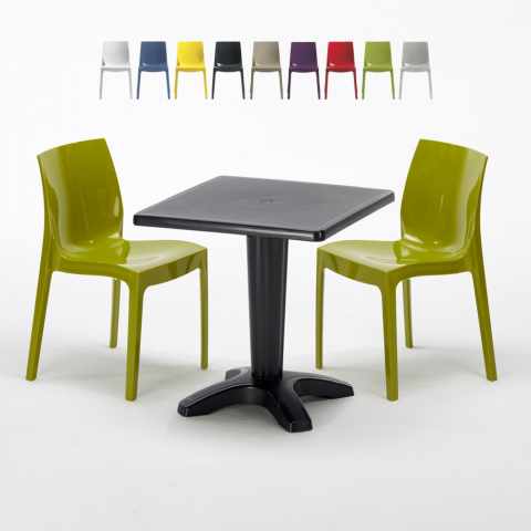 Vierkante salontafel zwart 70x70 cm met stalen onderstel en 2 gekleurde stoelen Ice Aia Aanbieding