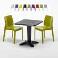 Vierkante salontafel zwart 70x70 cm met stalen onderstel en 2 gekleurde stoelen Ice Aia Aanbieding