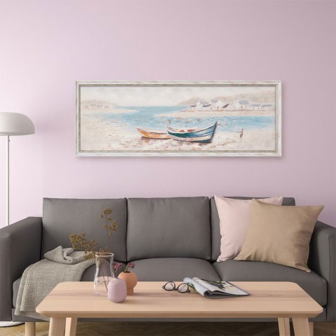 Handgeschilderd schilderij op doek boten aan de oever 30x90cm met lijst W800 Aanbieding