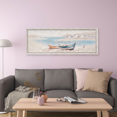 Handgeschilderde foto op canvas boten aan de kust 30x90cm met lijst W800