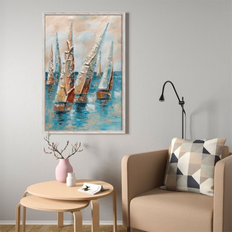 Handgeschilderd schilderij zeilboten op doek 60x90cm met lijst Z432 Aanbieding