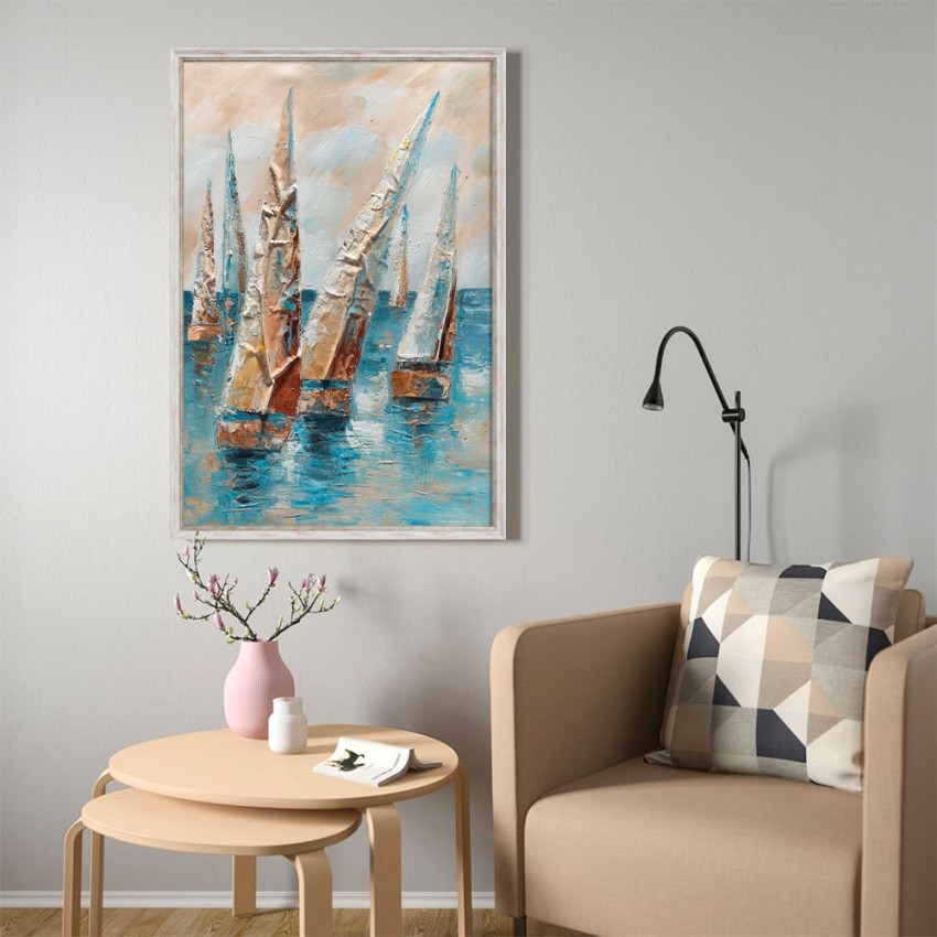 Handgeschilderd schilderij zeilboten op doek 60x90cm met lijst Z432 Aanbieding