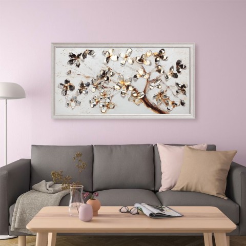 Handgeschilderd schilderij metalen bloemen tak op doek met lijst 60x120 cm Z440 Aanbieding