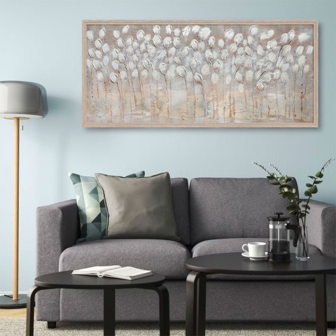 Handgeschilderd schilderij op doek 65x150cm witte bloemen met lijst z442 Aanbieding