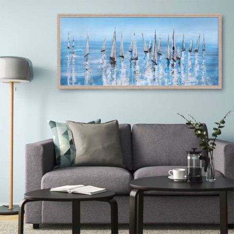 Handgeschilderd schilderij zilverkleurige zeilboten met lijst 65x150cm Z460 Aanbieding