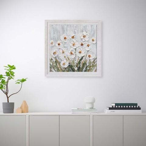 Handgeschilderd schilderij op doek met witte bloemen in weide met lijst 30x30cm Z501 Aanbieding