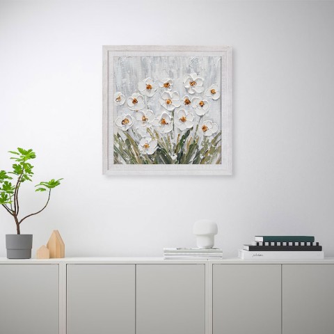 Handgeschilderde foto op canvas witte bloemen weide met lijst 30x30cm Z501