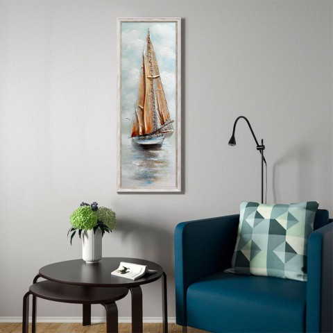 Handgeschilderd schilderij zeilboot op doek 30x90cm met lijst Z421 Aanbieding