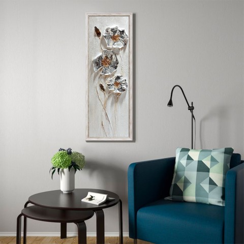 Handgeschilderde foto op canvas 30x90cm metalen bloemen met frame Z423