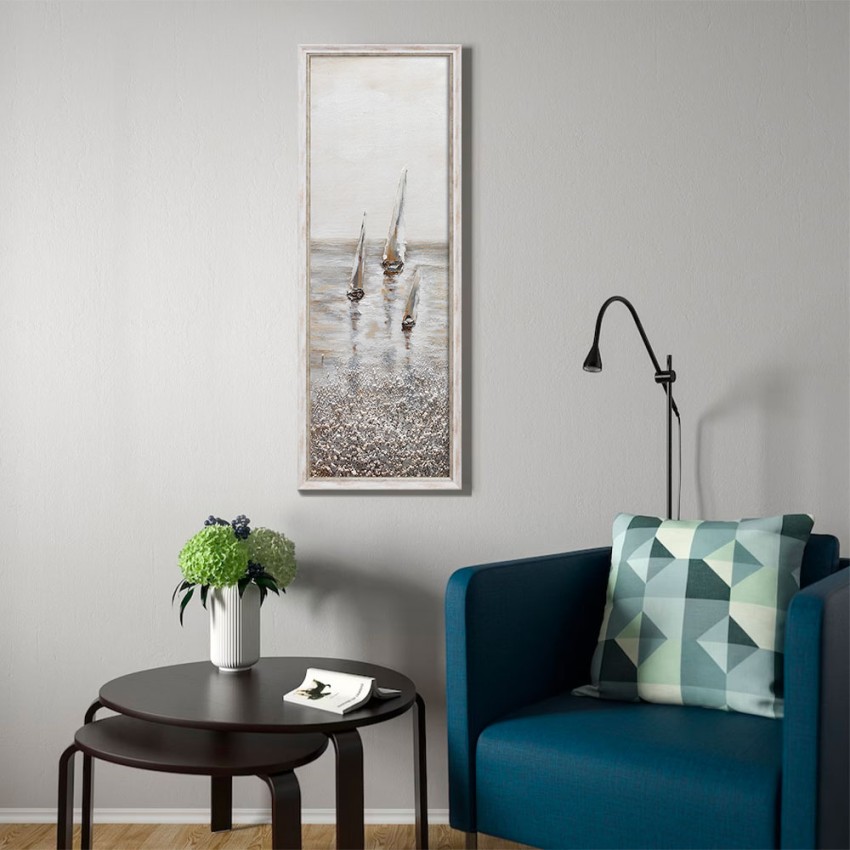 Handgeschilderd schilderij op doek 30x90cm zeilboten met lijst Z511 Aanbieding