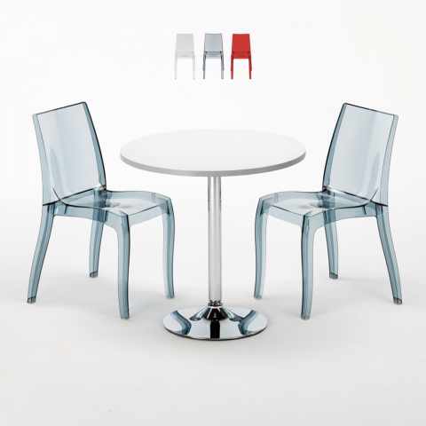 Ronde salontafel wit 70x70 cm met stalen onderstel en 2 transparante stoelen Cristal Light Silver