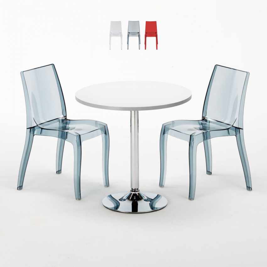 Ronde salontafel wit 70x70 cm met stalen onderstel en 2 transparante stoelen Cristal Light Silver Aanbieding