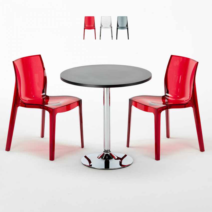 Ronde salontafel zwart 70x70 cm met stalen onderstel en 2 transparante stoelen Femme Fatale Ghost Aanbieding