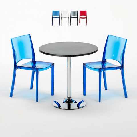 Ronde salontafel zwart 70x70 cm met stalen onderstel en 2 transparante stoelen B-Side Ghost