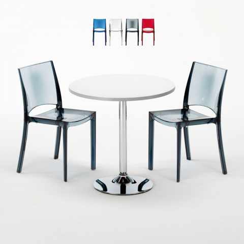 Ronde salontafel wit 70x70 cm met stalen onderstel en 2 transparante stoelen B-Side Spectre