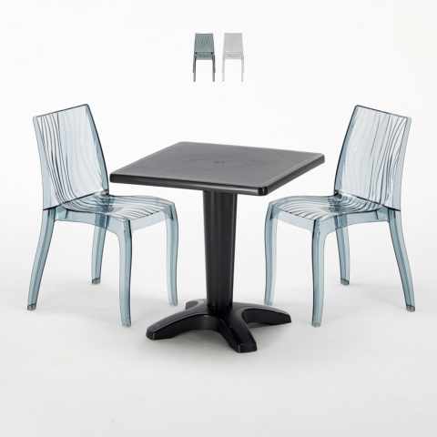 Vierkante salontafel zwart 70x70 cm met stalen onderstel en 2 transparante stoelen Dune Balcony Aanbieding