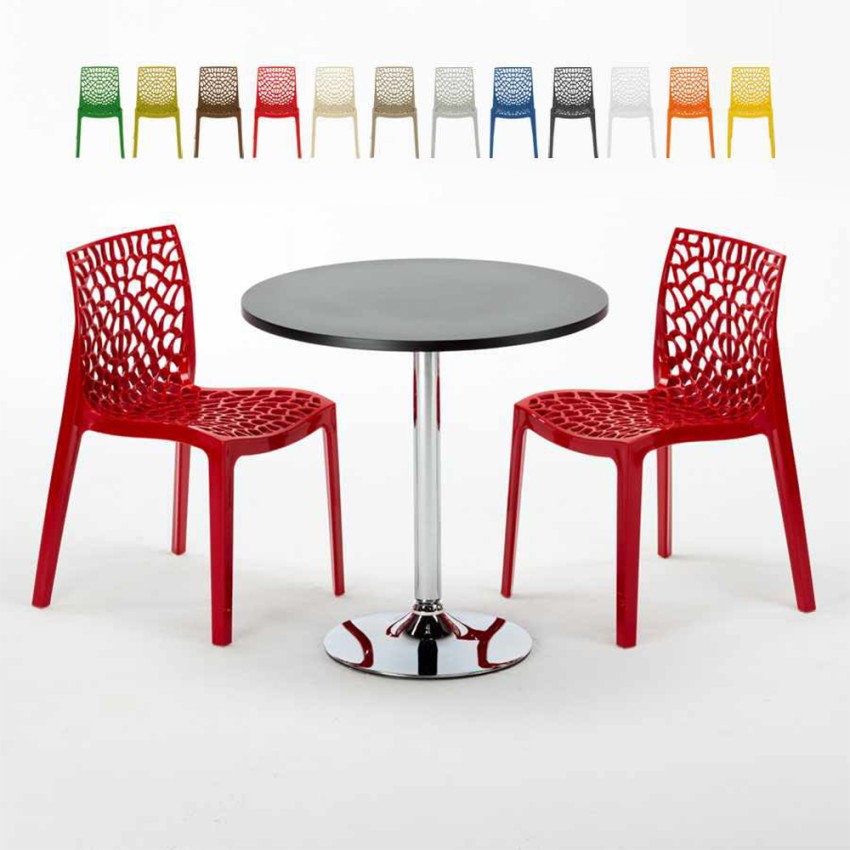 Ronde salontafel zwart 70x70 cm met stalen onderstel en 2 gekleurde stoelen Gruvyer Cosmopolitan Keuze