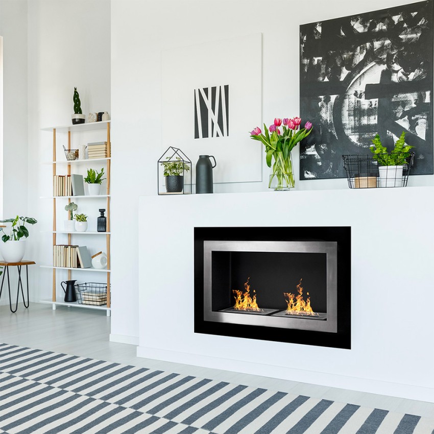 Moderne inbouw bio-ethanolhaard voor wand, zwart glas en staal Pechino Aanbieding Moderne inbouw bio-ethanolhaard voor wand, zwart glas en staal Pechino Aanbieding