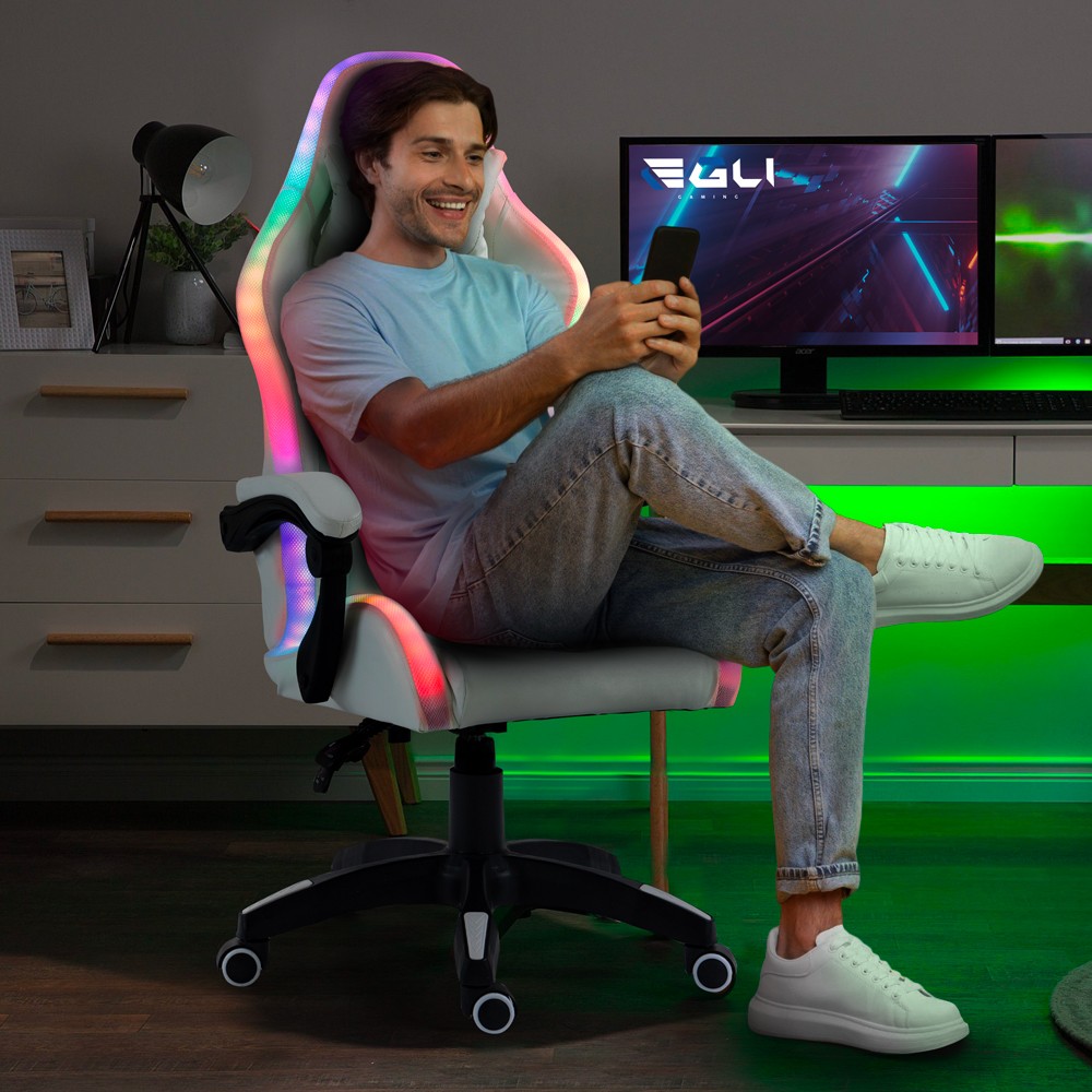 Witte gaming stoel LED massage ligstoel ergonomische stoel Plus | eBay
