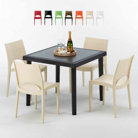 Vierkante zwarte salontafel 90x90 cm en 4 gekleurde stoelen Paris Passion Aanbieding