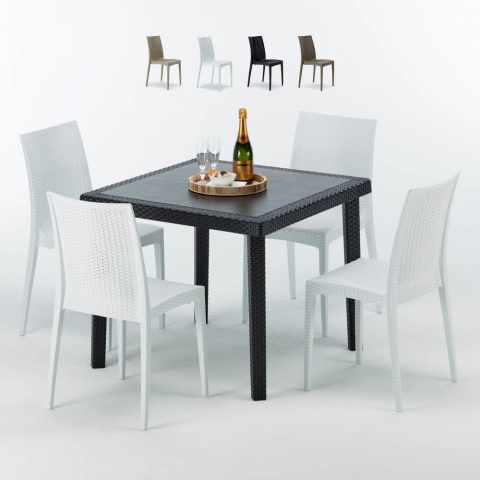 Vierkante salontafel zwart 90x90 cm met stalen onderstel en 4 gekleurde stoelen Bistrot Passion