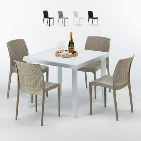 Vierkante salontafel wit 90x90 cm met stalen onderstel en 4 gekleurde stoelen Boheme Love