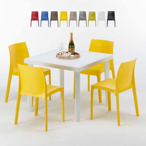 Vierkante salontafel wit 90x90 cm met stalen onderstel en 4 gekleurde stoelen Rome Love