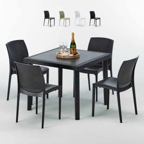 Vierkante salontafel zwart 90x90 cm met stalen onderstel en 4 gekleurde stoelen Boheme Passion
