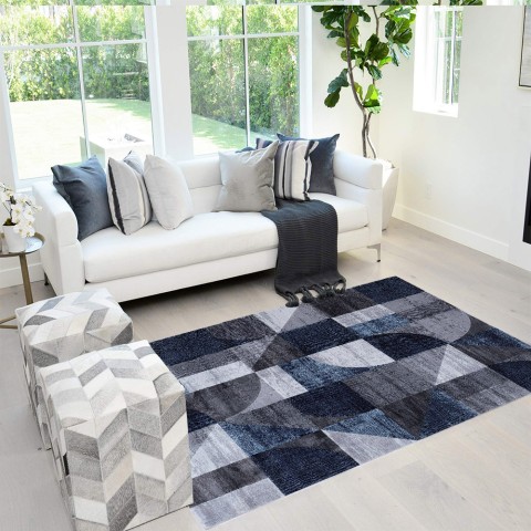 Modern geometrisch rechthoekig vloerkleed blauw grijs Double BLU005 Aanbieding