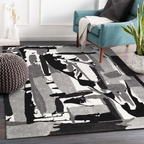 Moderne rechthoekige vloerkleed wit zwart grijs abstract patroon GRI227 Aanbieding
