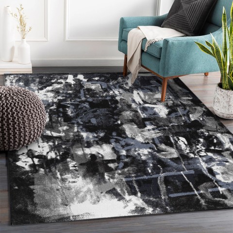 Moderne rechthoekig vloerkleed met abstract ontwerp in blauw, grijs en wit BLU017 Aanbieding