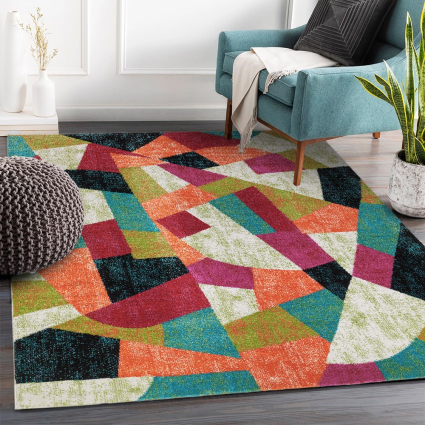 rechthoekig kortpolig tapijt veelkleurig geometrisch