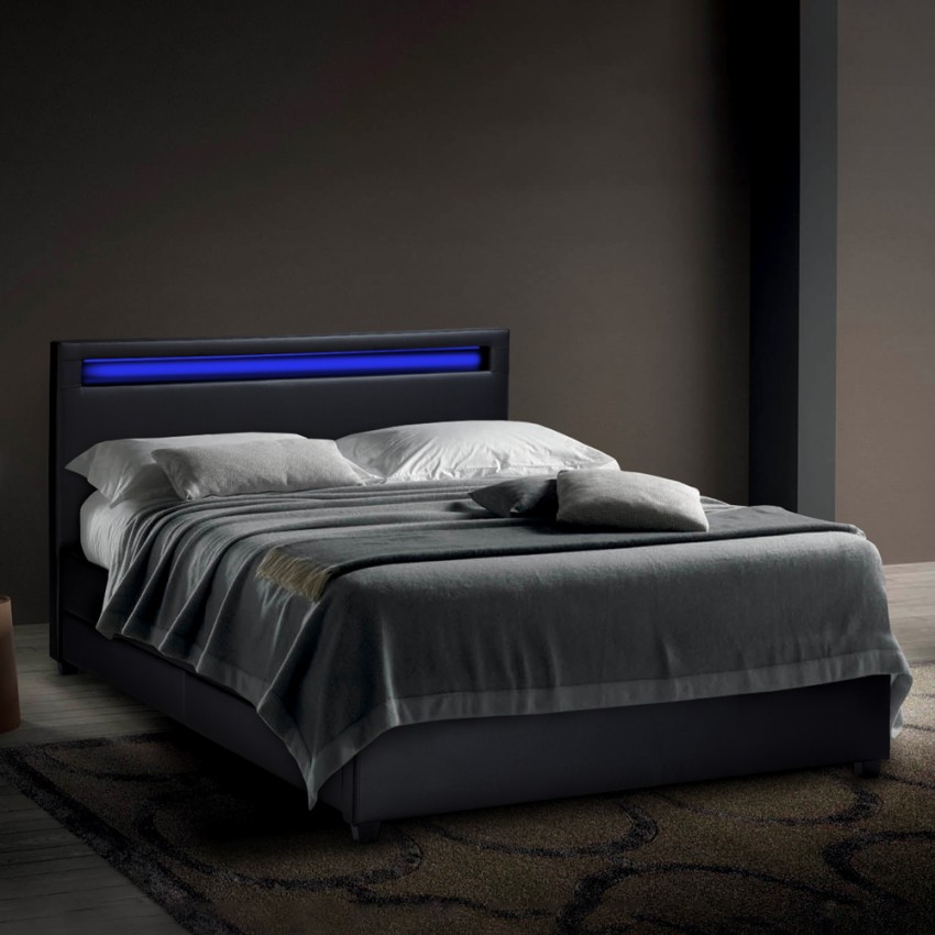 Modern tweepersoons bed Geneva King met Led-hoofdbord en lades, 160x190cm Aanbieding Modern tweepersoons bed Geneva King met Led-hoofdbord en lades, 160x190cm Aanbieding