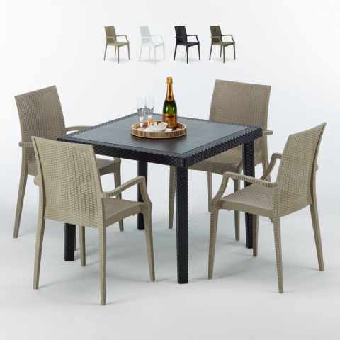 Vierkante zwarte salontafel 90x90 cm en 4 gekleurde stoelen Bistrot Arm Passion Aanbieding