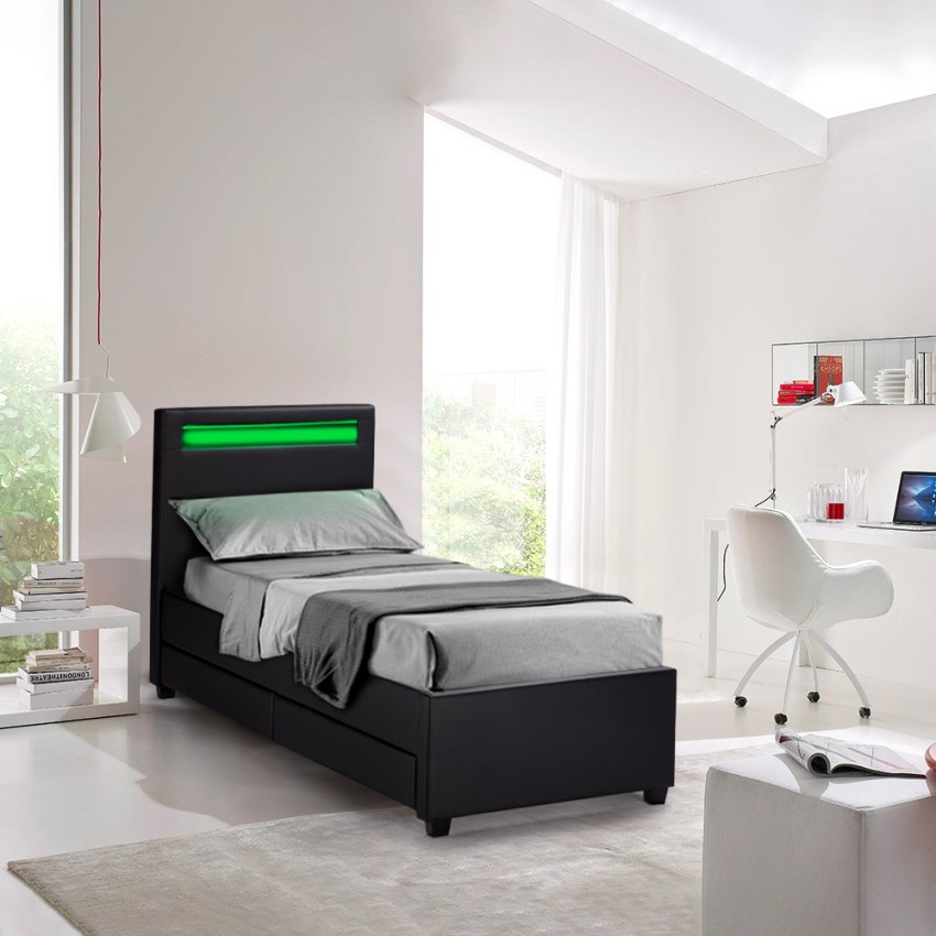 Eenpersoons bed met LED-hoofdbord en lades 80x190 cm Geneva Twin Aanbieding Eenpersoons bed met LED-hoofdbord en lades 80x190 cm Geneva Twin Aanbieding