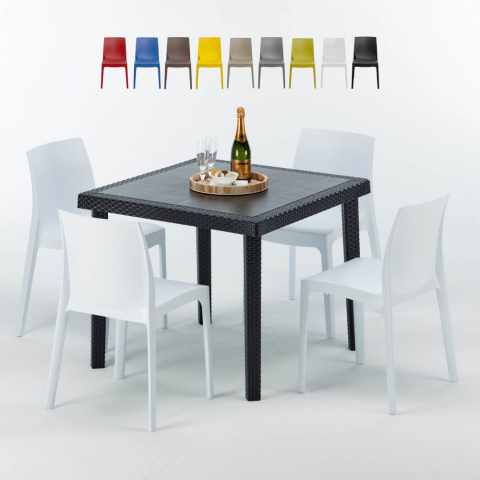Vierkante zwarte salontafel 90x90 cm en 4 gekleurde stoelen Rome Passion Aanbieding