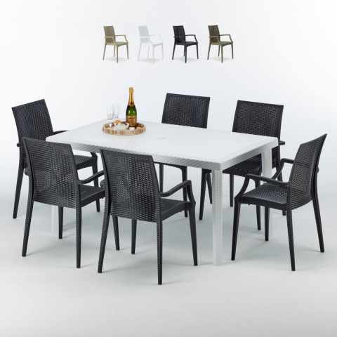 Rechthoekige salontafel wit 150x90 cm met stalen onderstel en 6 gekleurde stoelen Bistrot Arm Summerlife