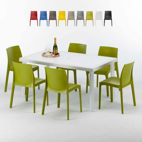 Rechthoekige tafel wit 150x90 cm met stalen onderstel en 4 gekleurde stoelen Rome Summerlife Aanbieding