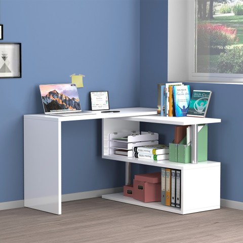 Witte draaibare hoekbureau Volta WH met 2 planken voor thuis of kantoor Aanbieding