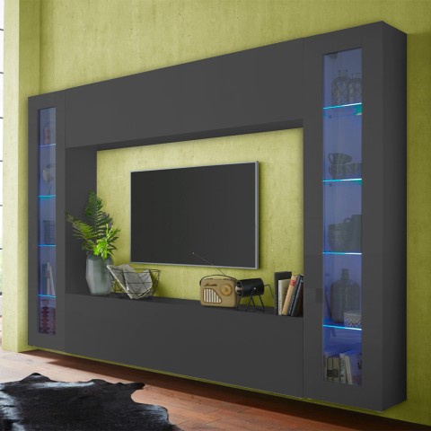 Moderne wandmeubel voor TV met zwevende kastjes en 2 vitrines Note Frame Aanbieding