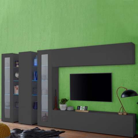 Wandmeubel woonkamer TV-kast met kast en 2 vitrines zwart Note Mir Aanbieding
